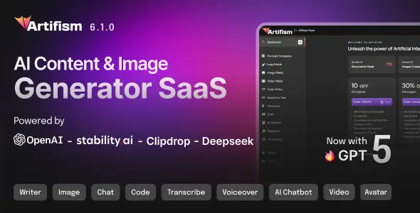 Artifism v6.1.0 - AI Content, Image, Video, Chat, Chatbot, Voiceover & Code Generator SaaS