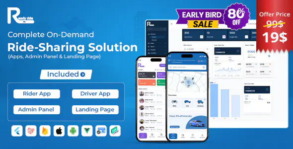 ReadyRide v2.0.0 - Complete Ride Sharing Rider & Driver Mobile Apps with Web Admin Panel