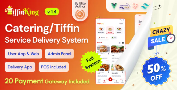 TiffinKing v1.4 - Catering/Tiffin Food Ordering System with Admin Panel & Delivery Man App - POS